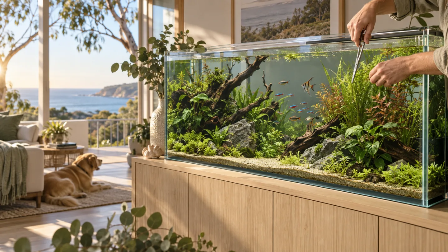 A planted freshwater aquarium being carefully maintained